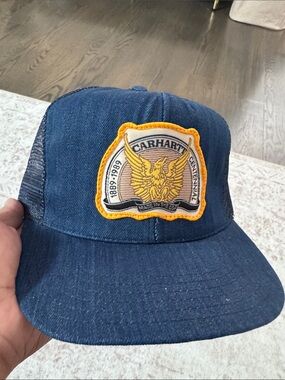 Carhartt Navy Denim Trucker Hat with Yellow Patch Vintage
